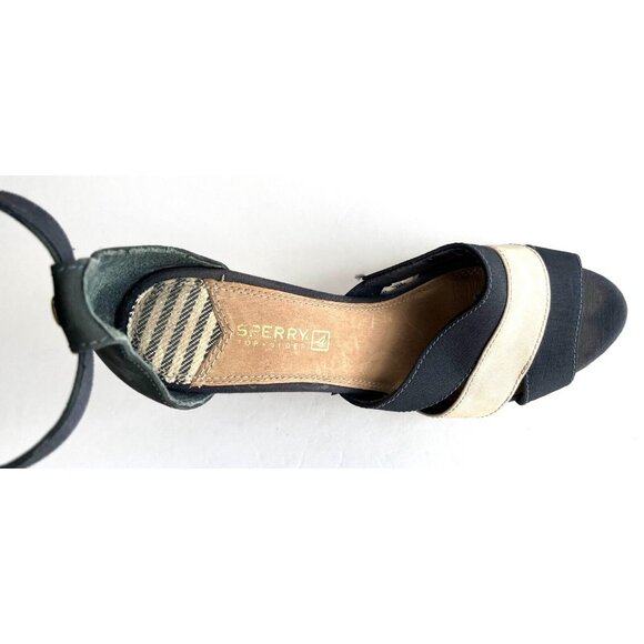 Sperry Top Sider Navy Blue & Tan Striped Wedge Heels, Size 8.5 (US) - Picture 9 of 9